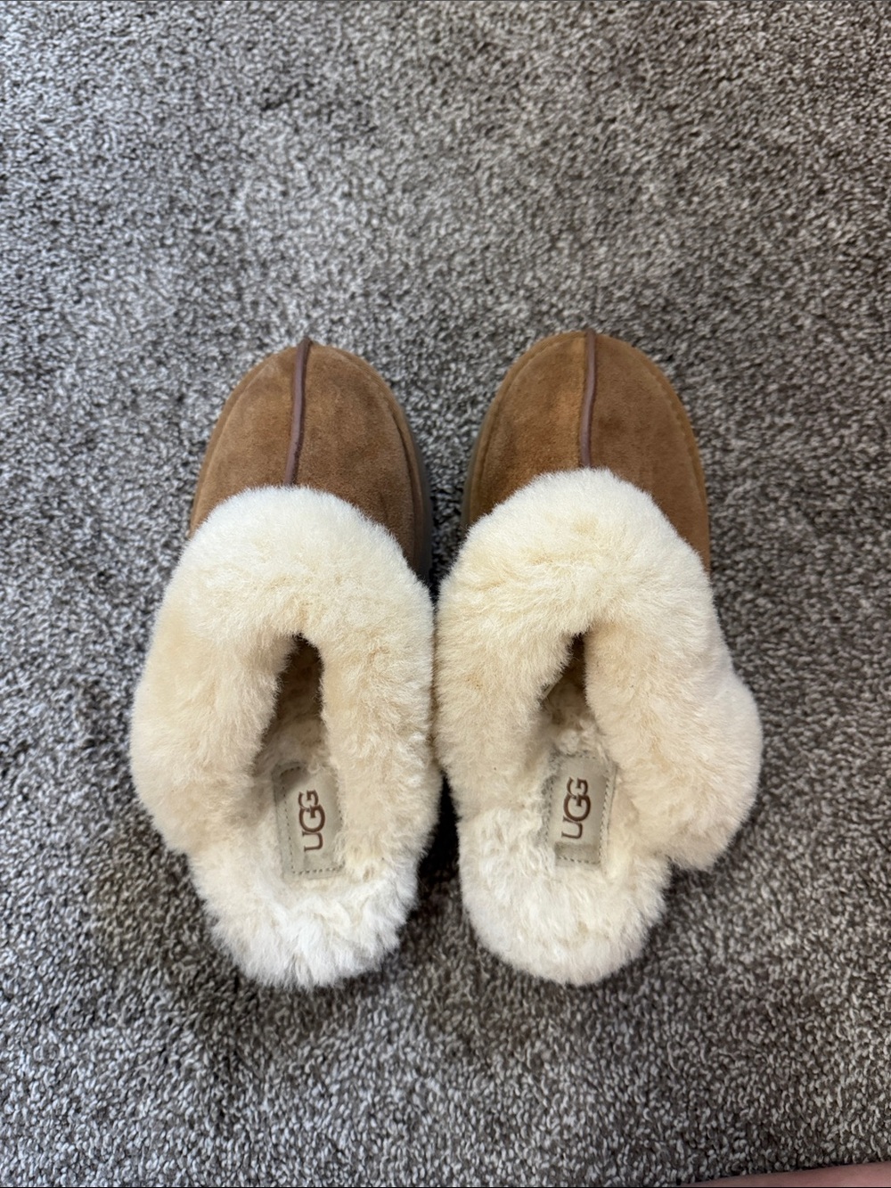 UGG Chestnut Suede Slip-On Shearling-Lined Slippers with Cream Fur
